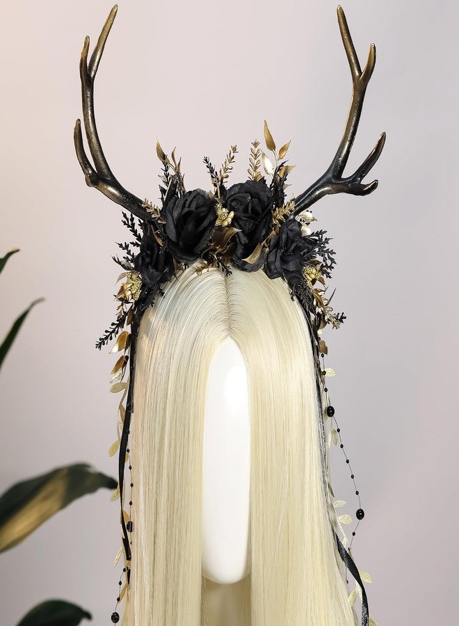 MOSTORY Black Flower Reindeer Headpiece - Dark Floral Antlers Headpiece for Goth Cosplay Dark Fairy Costume, Gothic Deer Horns Headband with Vine for Renaissance Accessories Women Witch Aesthetic - Image 3